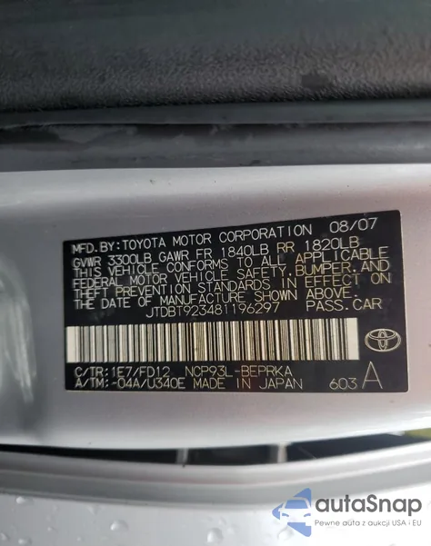 2008 Toyota Yaris из США, поврежденный, VIN JTDBT923481196297